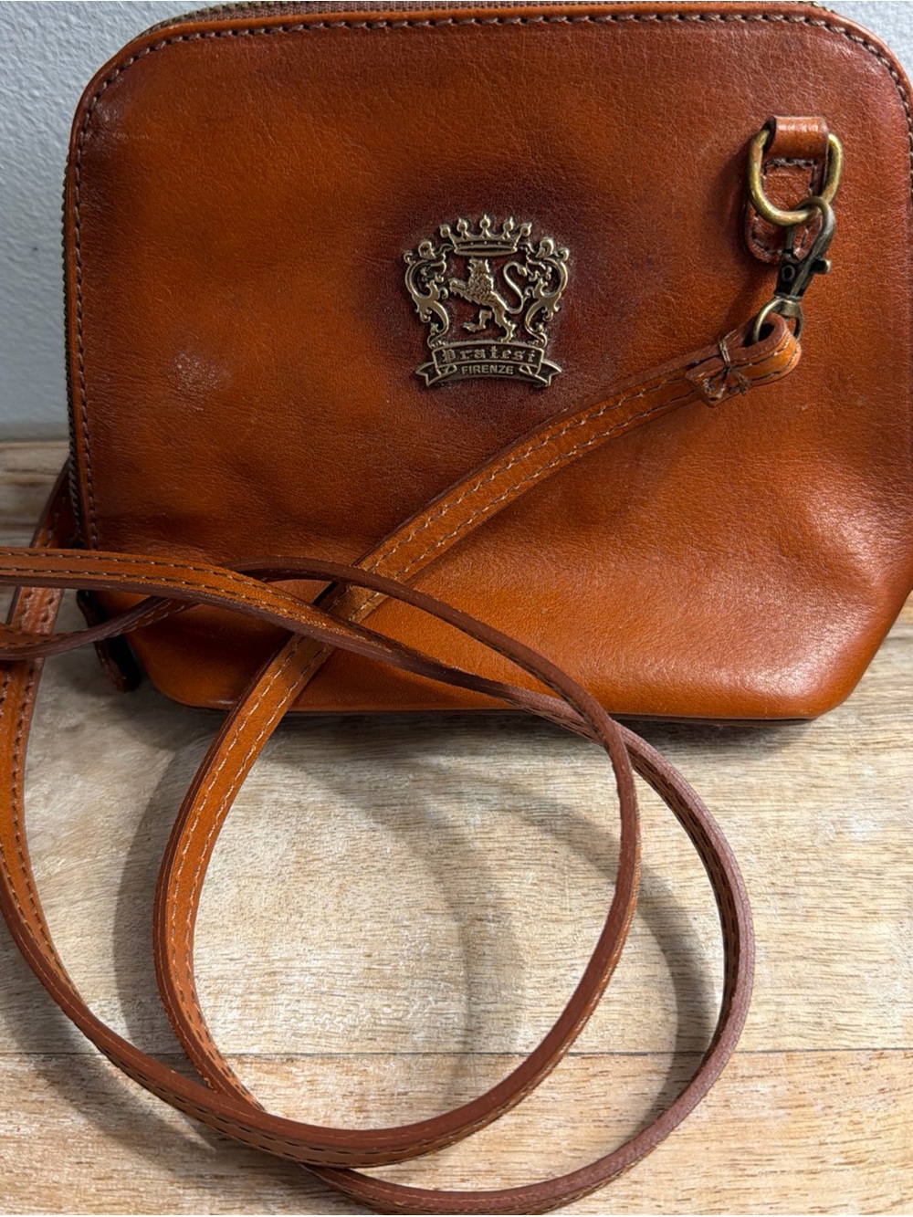Pratesi Firenze Crossbody Bag Womens Small Cognac Brown Leather Made in Italy